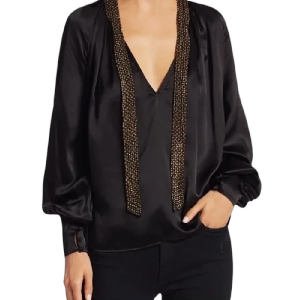 Joie Wenya Tie-neck Sequin-embellished Silk-satin Blouse In Black, XS